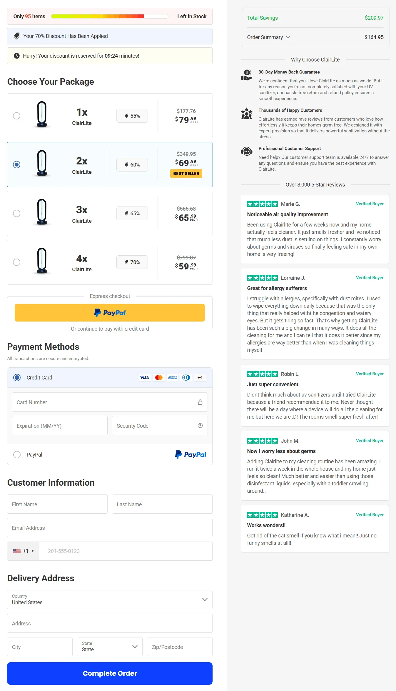 ClairLite UV Sanitizer secure checkout page